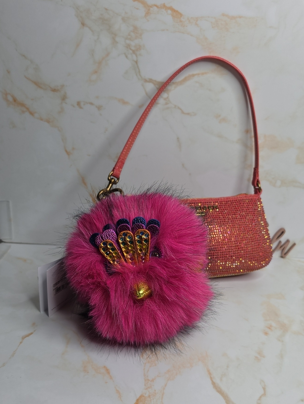Kurt Geiger Xxl Pink Fur Pompom Charm Keychain Bag Accessory New